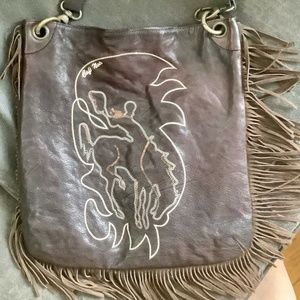 Cafe Noir Brown Leather Shoulder Bag with tassels, Made in Italy.
